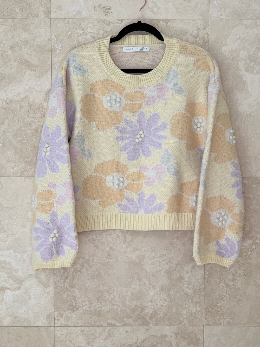 Altar’d State Cream Pastel Floral Knit Sweater French Knot Details Size M